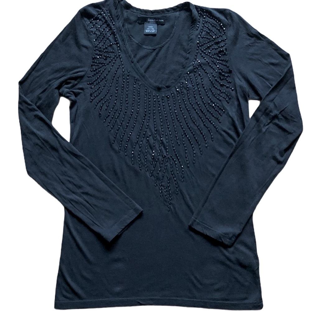 Calvin Klein Embellished Long Sleeve Black Top Sz. S